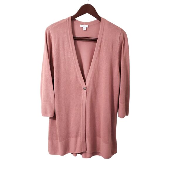 J. Jill Linen Blend Single Button Cardigan Pink Medium 3/4 Sleeve Lightweight - Picture 1 of 13